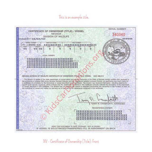 This is an Example of Nevada Certificate of Ownership (Title) Front View | Kids Car Donations